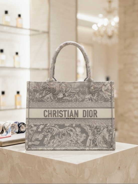 Dior Handbags - Christian Dior Medium Grey Mizza Embroidered Toile de Jouy Book Tote Bag